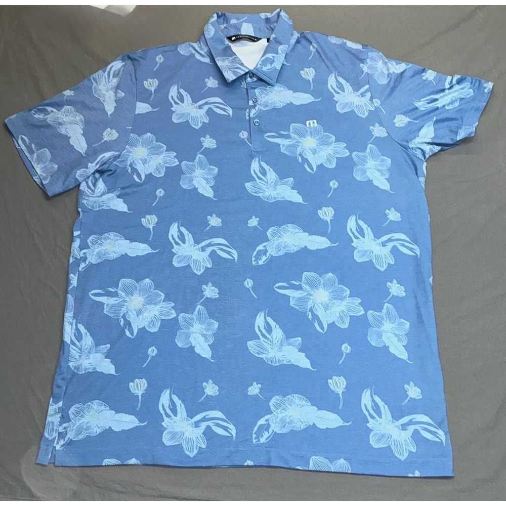 Travis Mathew Blue Floral Print Golf Stretch Pima Blend Polo Shirt Size XXL